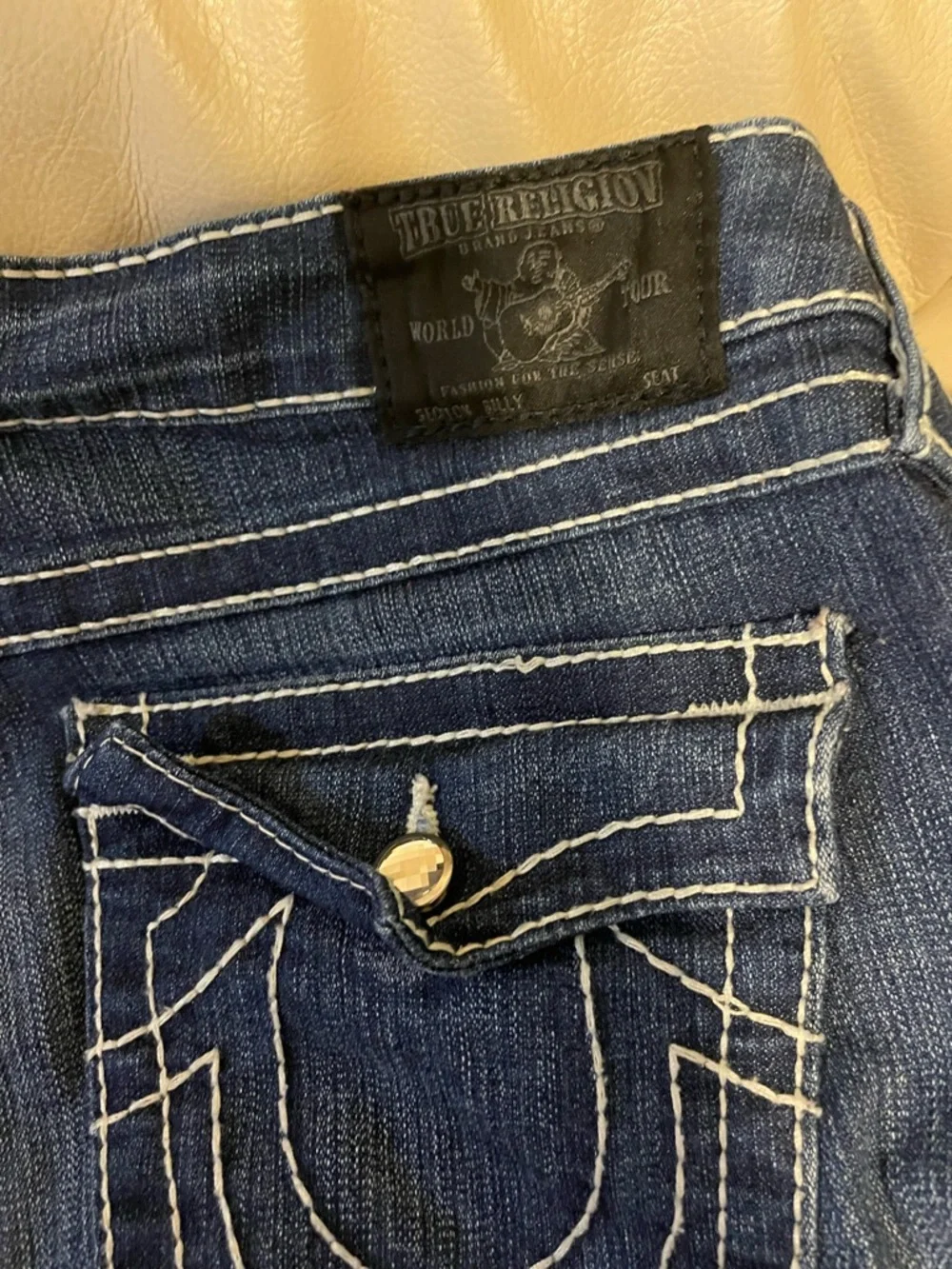 True Religion Dark Indigo Jeans with White Stitching - Picture 7 of 9